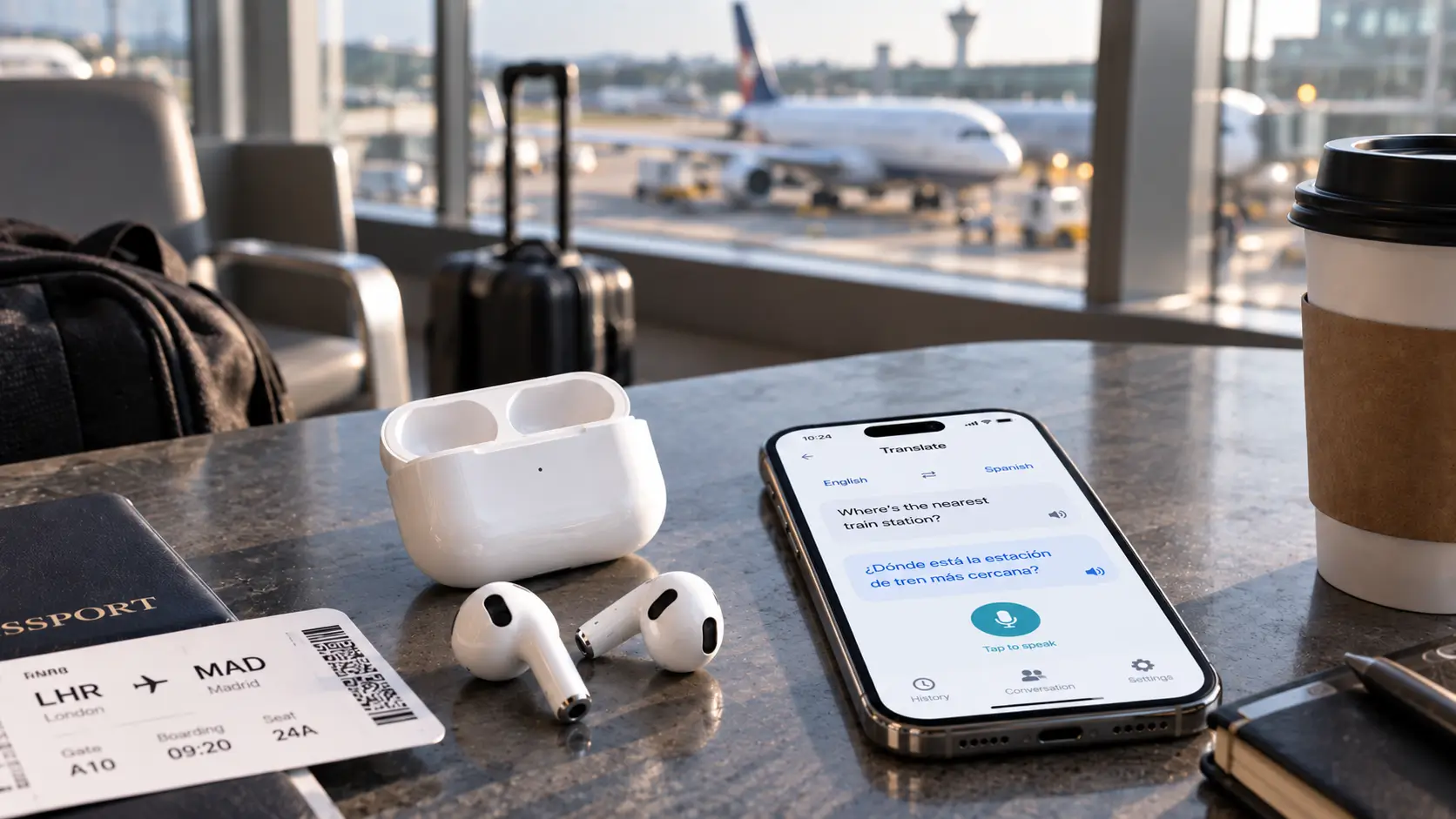 AirPods beside an iPhone using English-to-Spanish Live Translation at an airport.