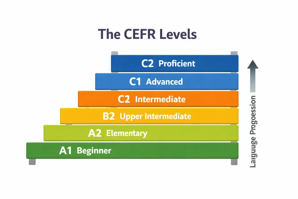 CEFR language levels ladder showing progression from A1 beginner to C2 proficient user