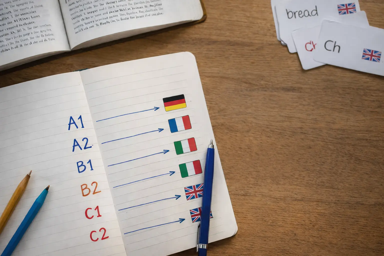 CEFR language learning levels from A1 to C2 shown in a study notebook on a desk