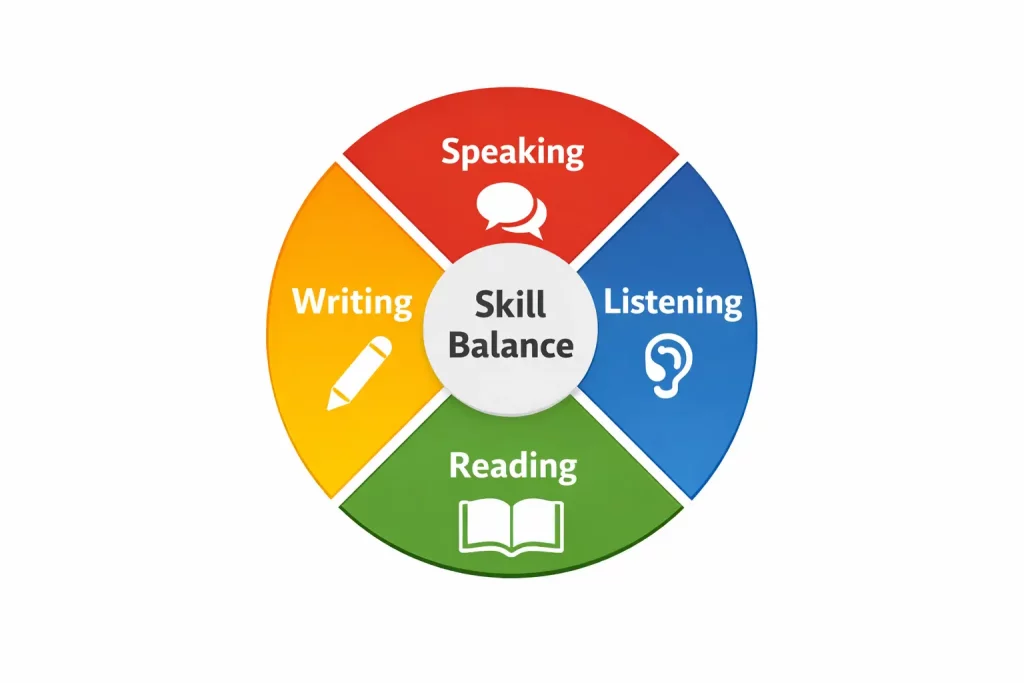 Language skill balance wheel illustrating speaking, listening, reading, and writing proficiency